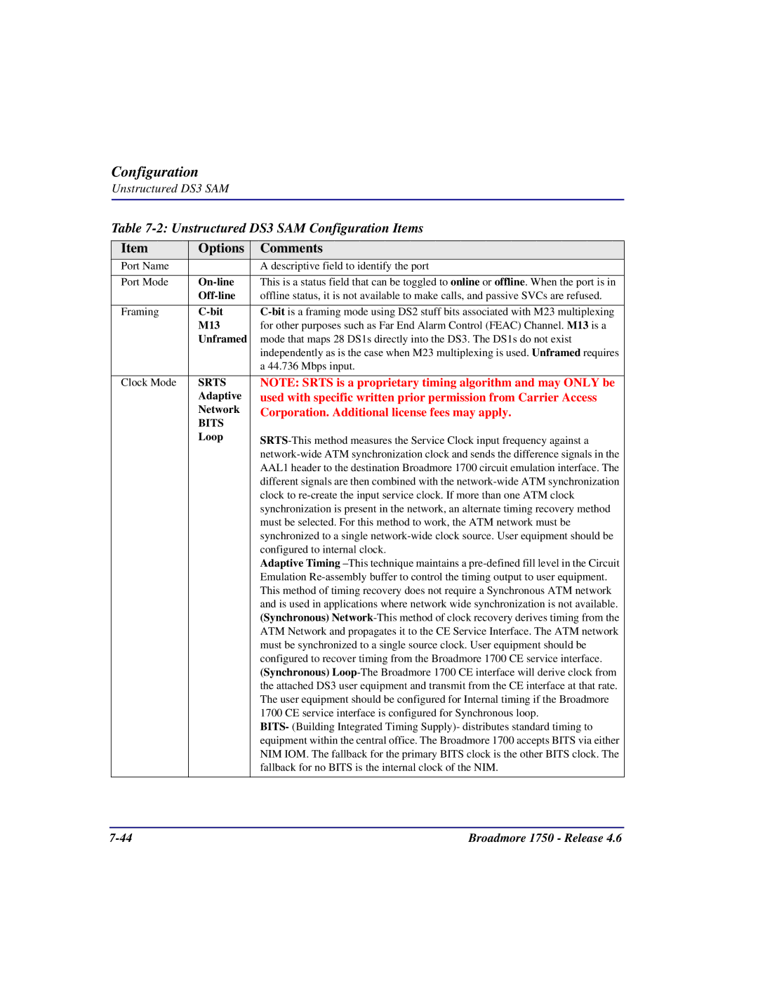 Carrier Access 1750 user manual Unstructured DS3 SAM Configuration Items, Options Comments 