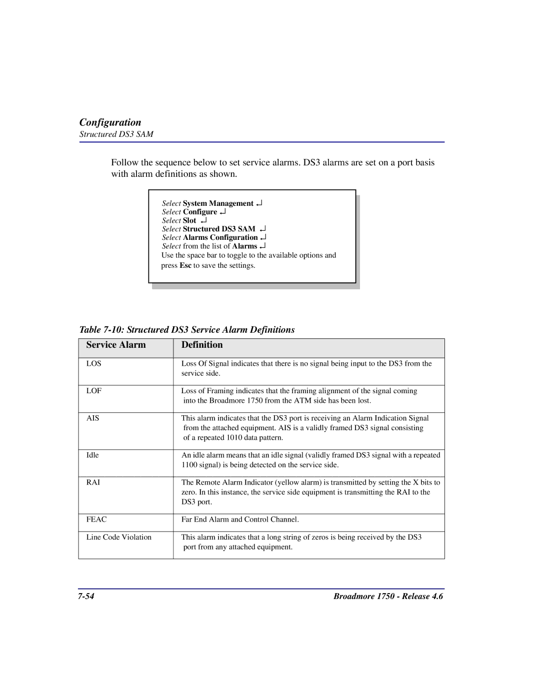 Carrier Access 1750 user manual Structured DS3 Service Alarm Definitions 