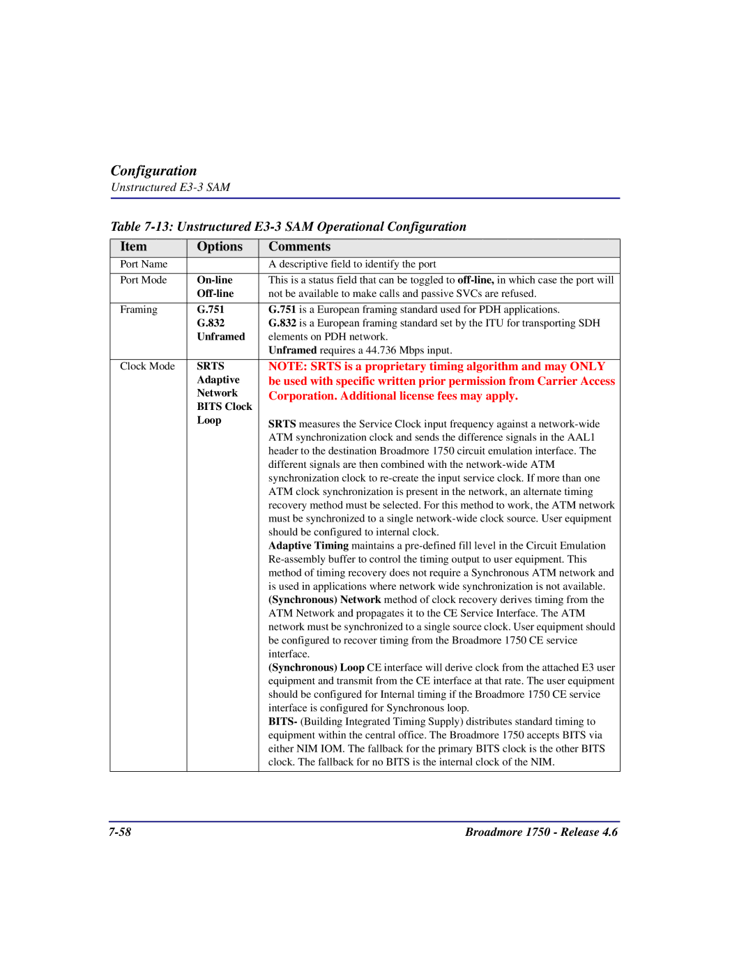 Carrier Access 1750 user manual Unstructured E3-3 SAM Operational Configuration 