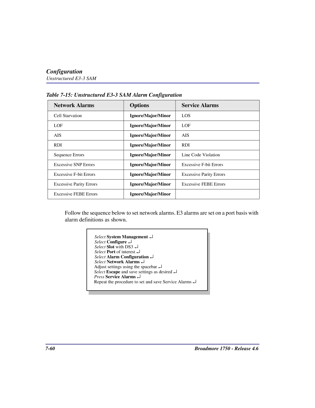 Carrier Access 1750 user manual Unstructured E3-3 SAM Alarm Configuration 