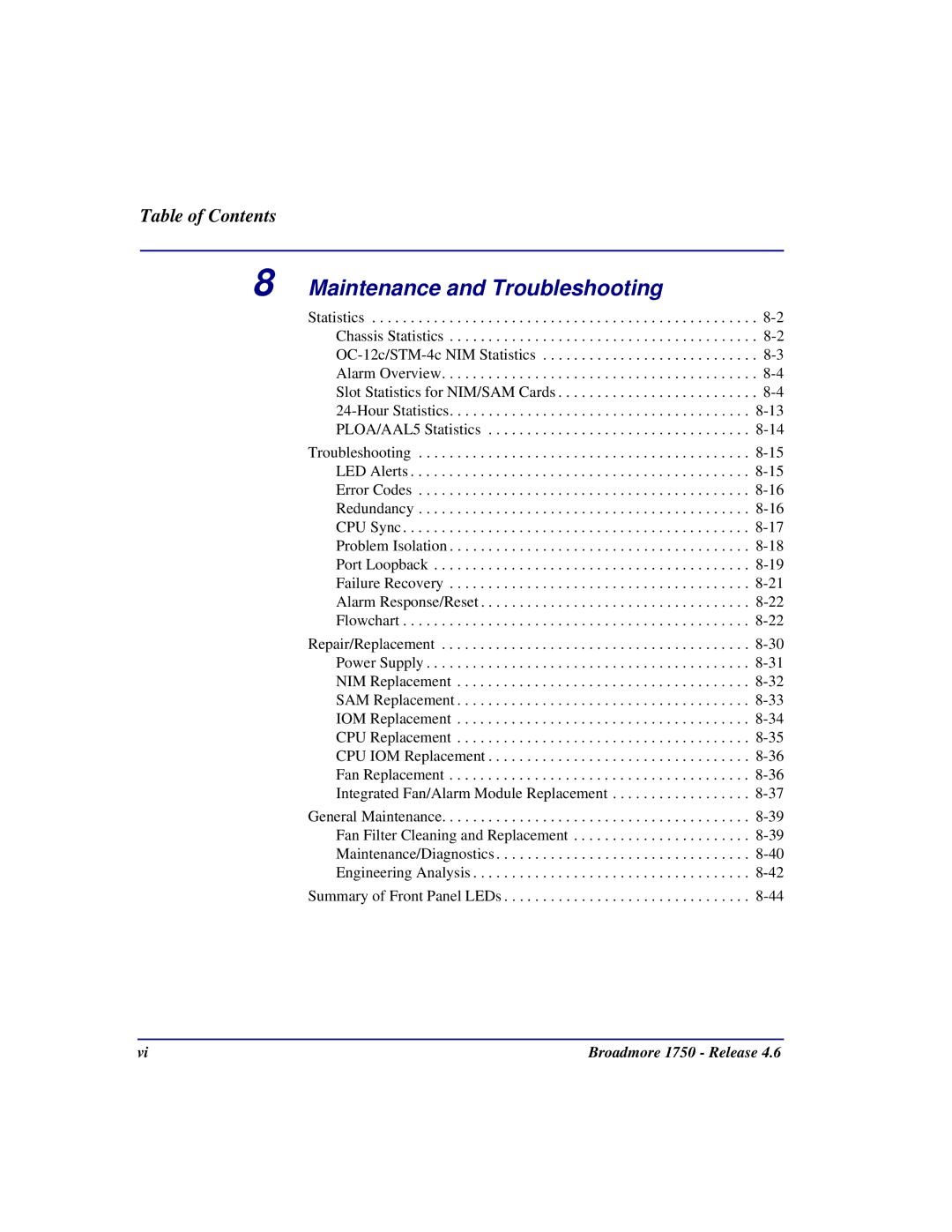 Carrier Access 1750 user manual Maintenance and Troubleshooting 