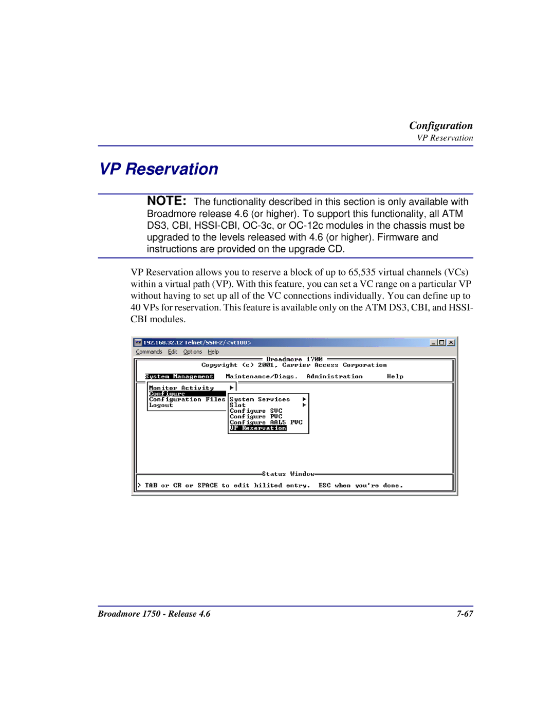 Carrier Access 1750 user manual VP Reservation 