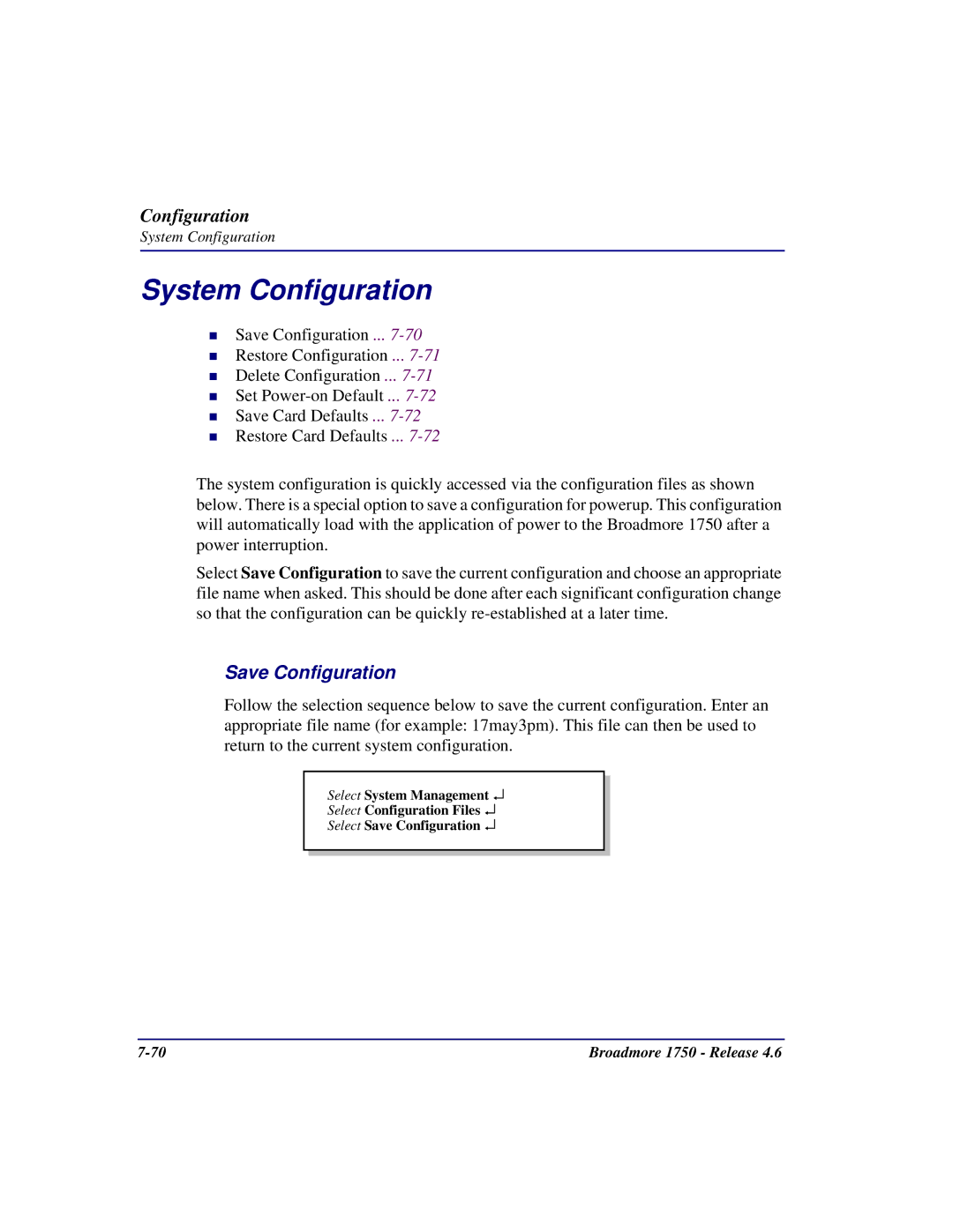 Carrier Access 1750 user manual System Configuration, Save Configuration 