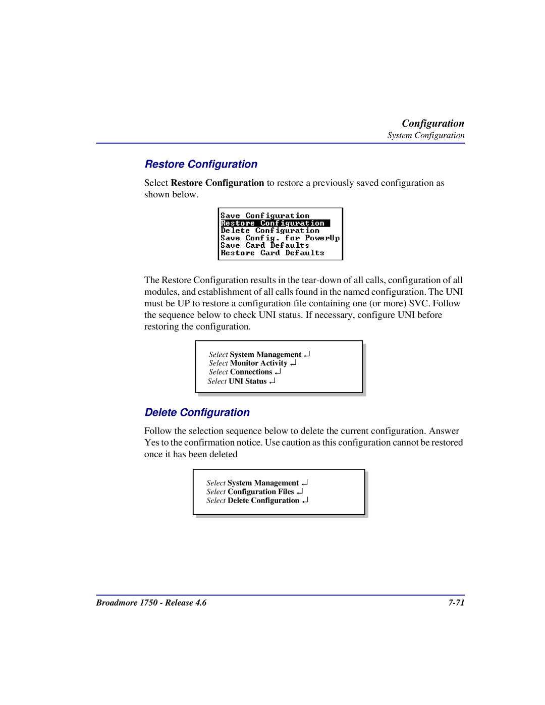 Carrier Access 1750 user manual Restore Configuration, Delete Configuration 