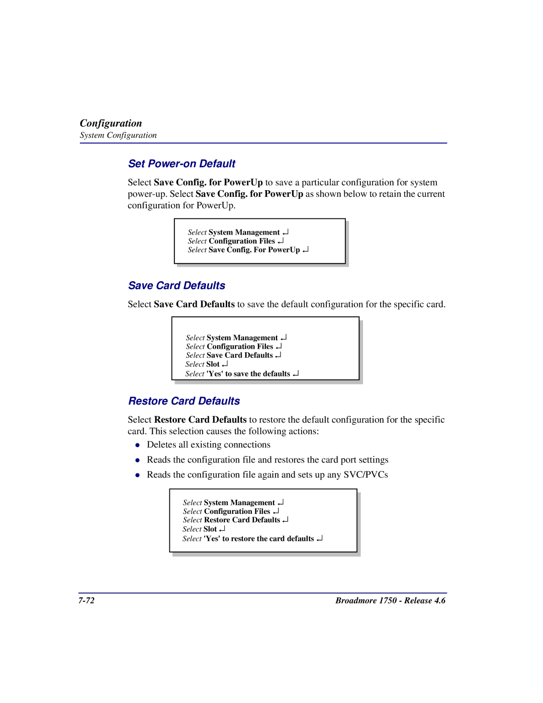 Carrier Access 1750 user manual Set Power-on Default, Save Card Defaults, Restore Card Defaults 