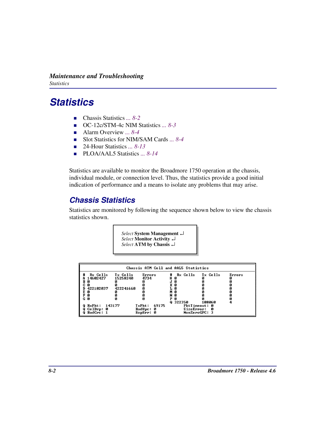 Carrier Access 1750 user manual Chassis Statistics 