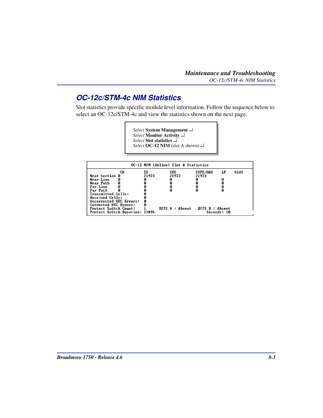 Carrier Access 1750 user manual OC-12c/STM-4c NIM Statistics 