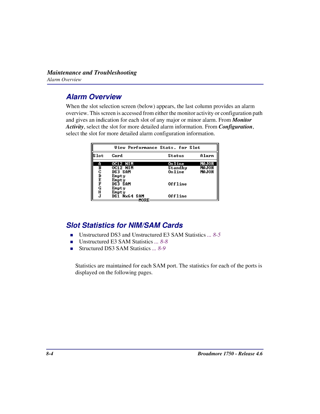 Carrier Access 1750 user manual Alarm Overview, Slot Statistics for NIM/SAM Cards 