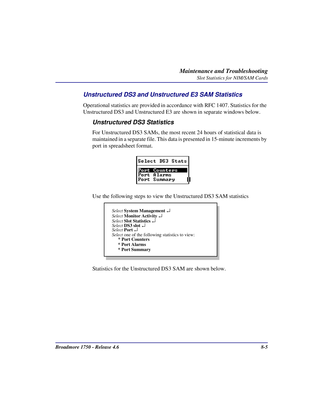 Carrier Access 1750 user manual Unstructured DS3 and Unstructured E3 SAM Statistics, Unstructured DS3 Statistics 