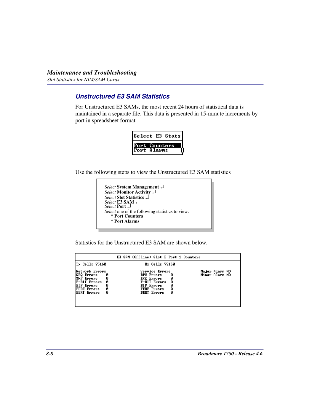 Carrier Access 1750 user manual Unstructured E3 SAM Statistics 