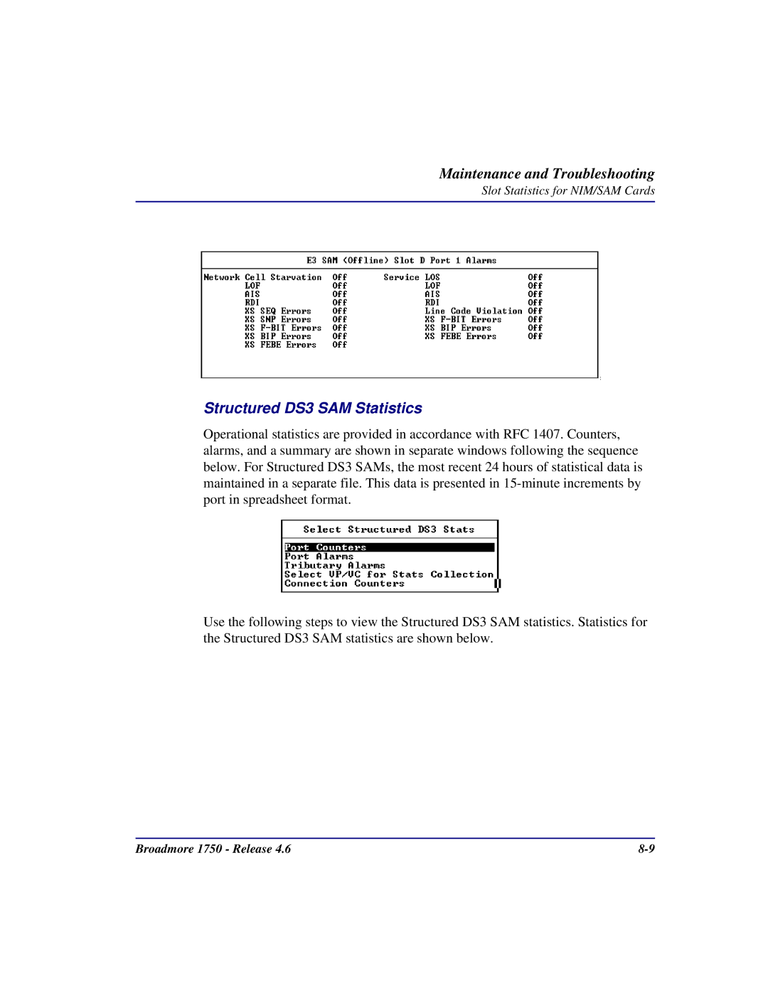 Carrier Access 1750 user manual Structured DS3 SAM Statistics 