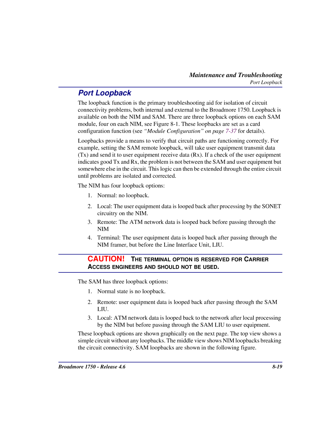 Carrier Access 1750 user manual Port Loopback 