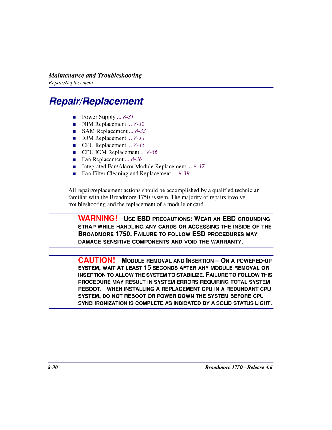 Carrier Access 1750 user manual Repair/Replacement 