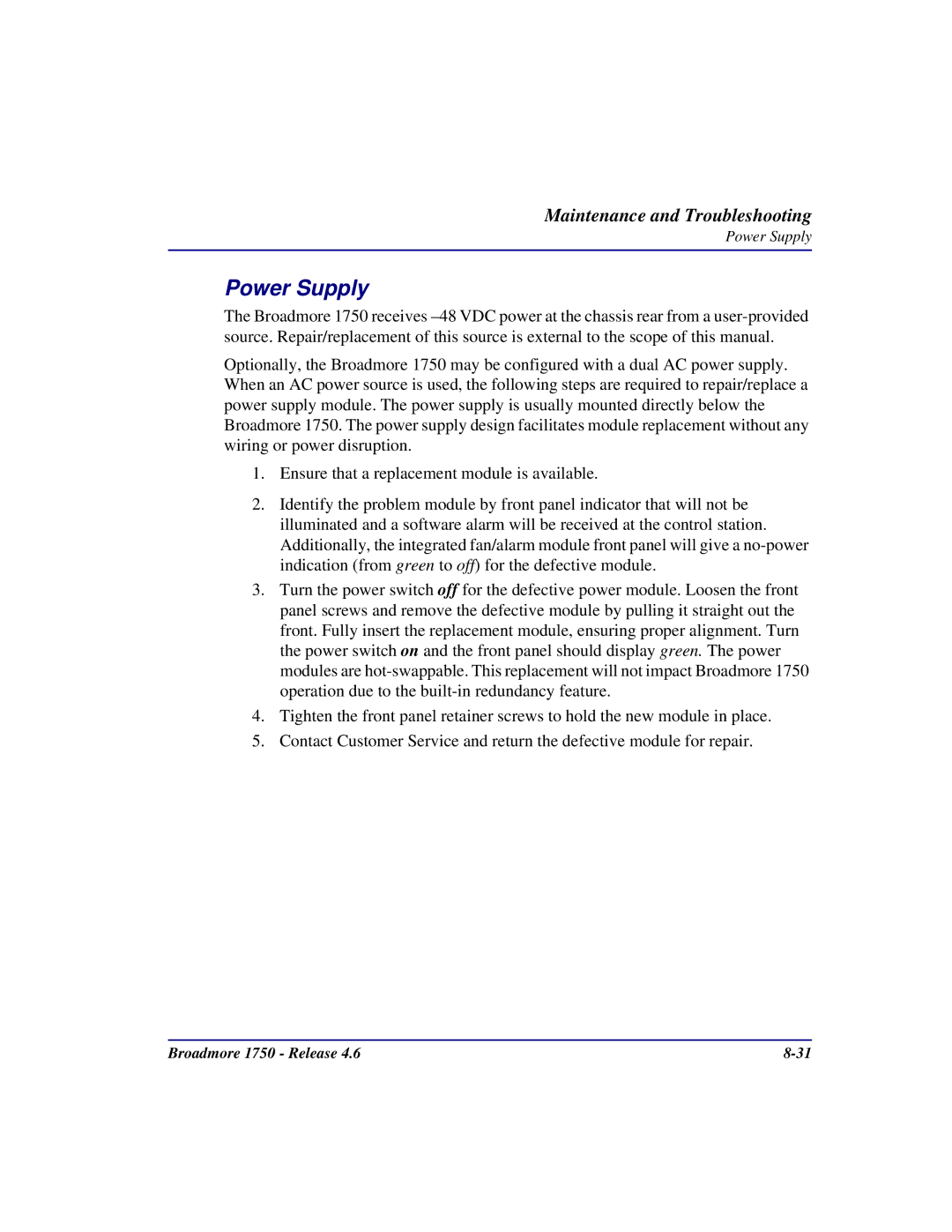 Carrier Access 1750 user manual Power Supply 