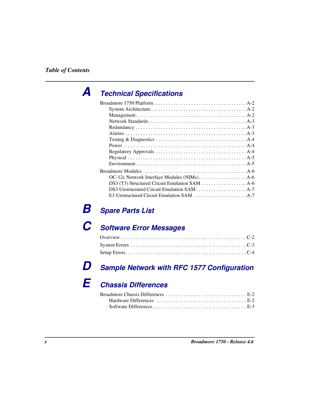 Carrier Access 1750 user manual Technical Specifications, Spare Parts List Software Error Messages 