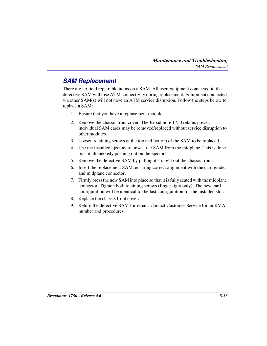 Carrier Access 1750 user manual SAM Replacement 