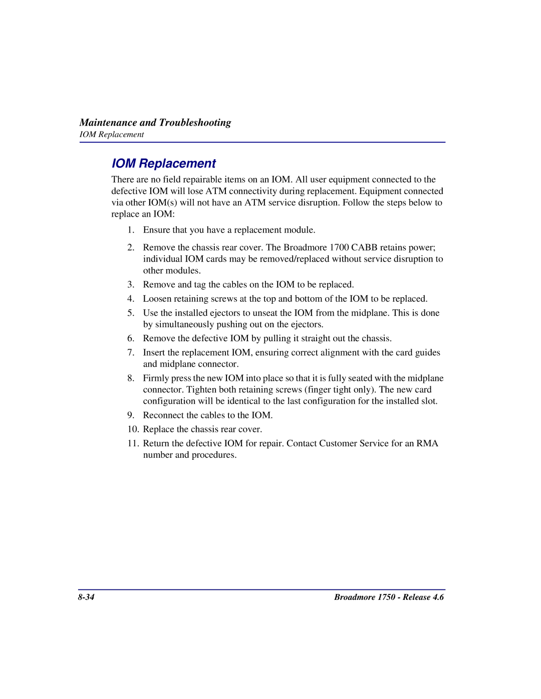 Carrier Access 1750 user manual IOM Replacement 