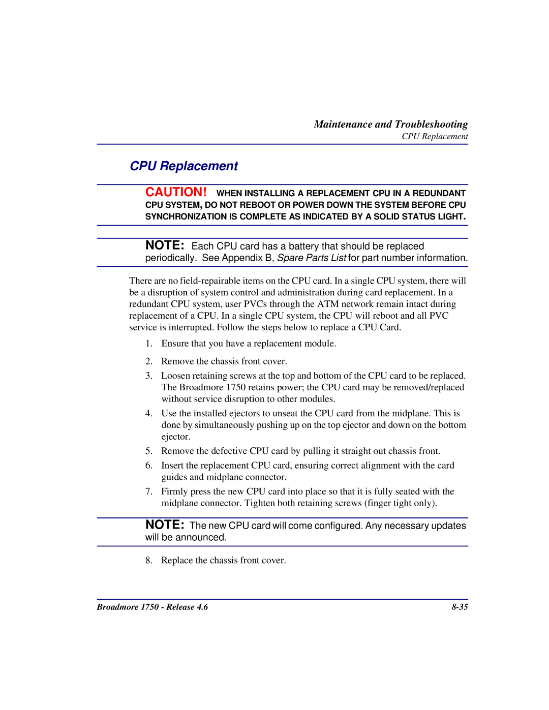 Carrier Access 1750 user manual CPU Replacement 