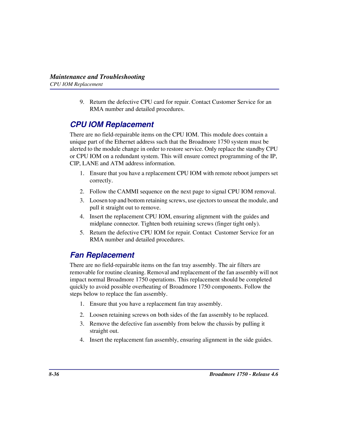 Carrier Access 1750 user manual CPU IOM Replacement, Fan Replacement 