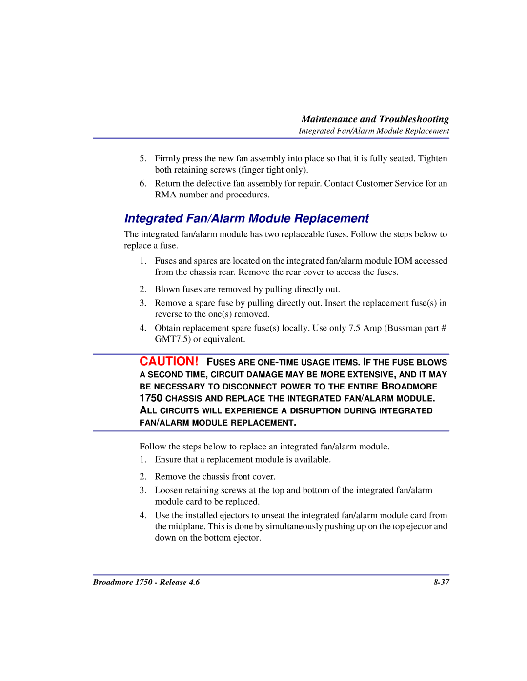 Carrier Access 1750 user manual Integrated Fan/Alarm Module Replacement 