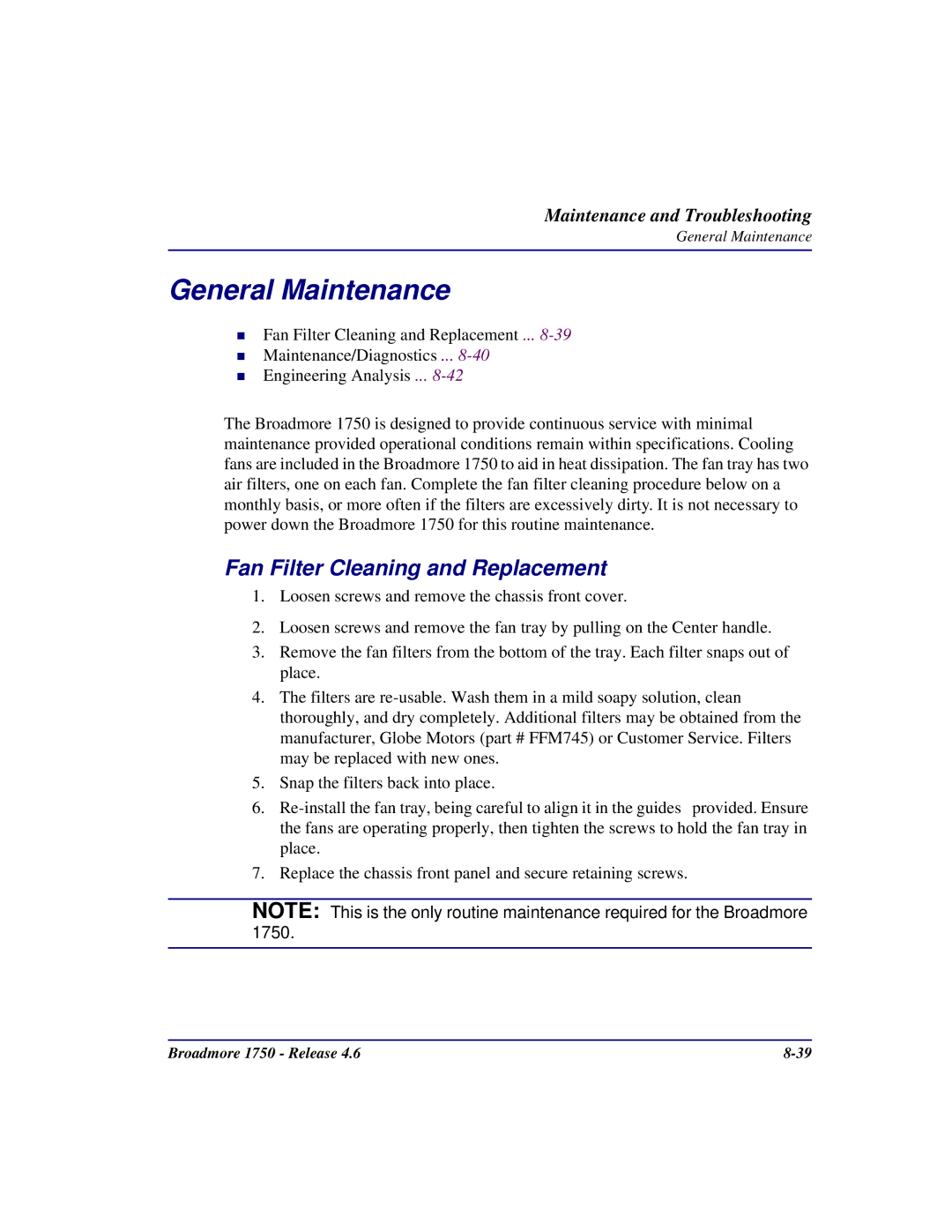 Carrier Access 1750 user manual General Maintenance, Fan Filter Cleaning and Replacement 