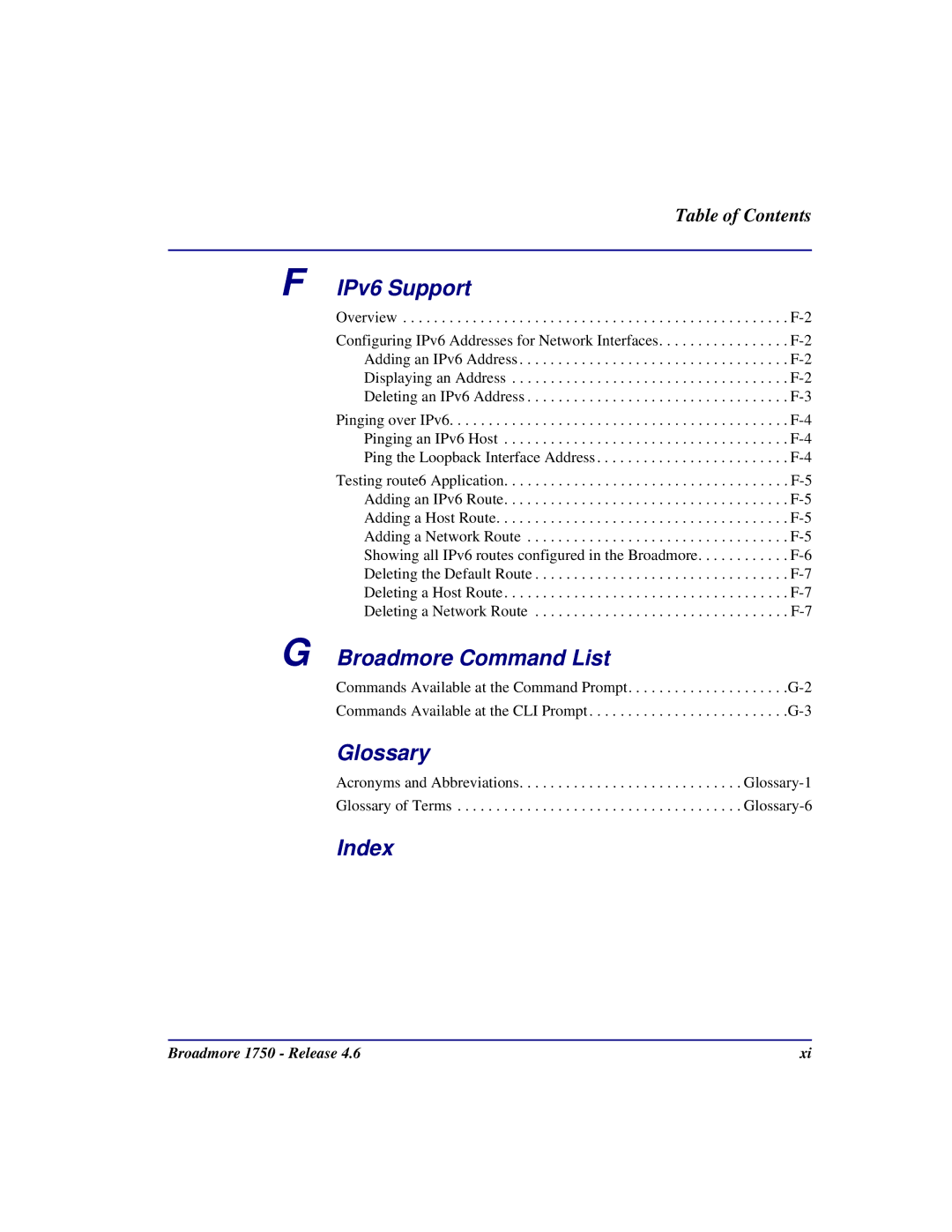 Carrier Access 1750 user manual IPv6 Support, Broadmore Command List, Glossary, Index 