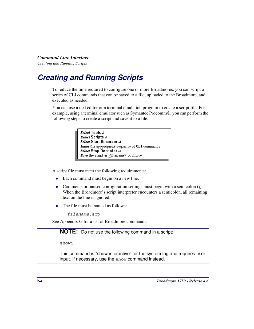 Carrier Access 1750 user manual Creating and Running Scripts, See Appendix G for a list of Broadmore commands 