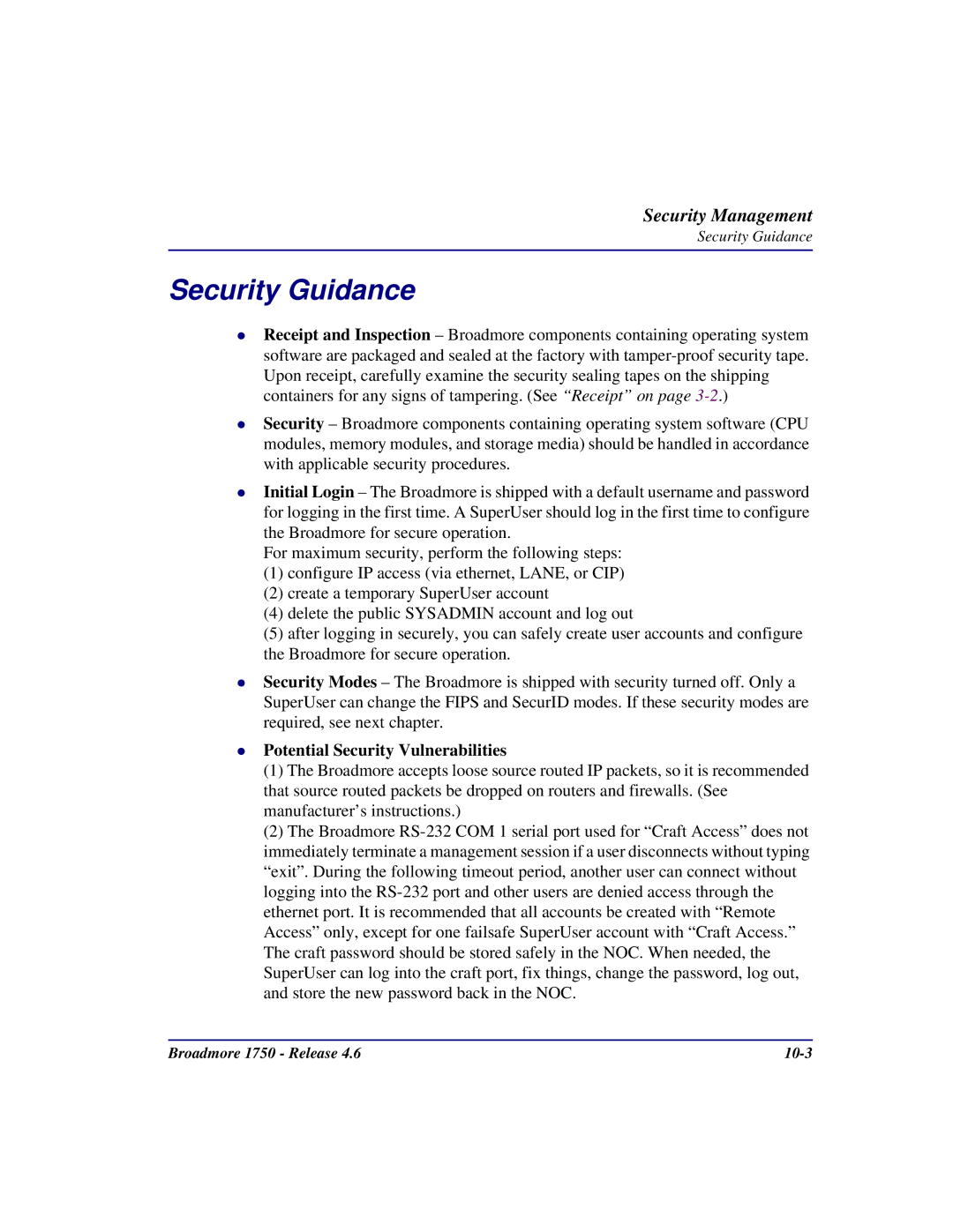 Carrier Access 1750 user manual Security Guidance, Potential Security Vulnerabilities 