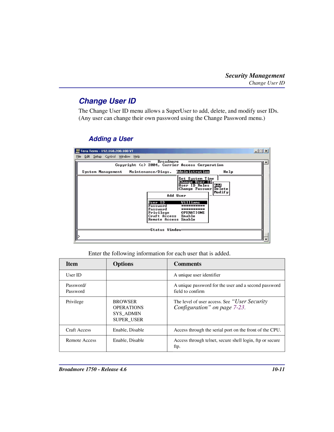 Carrier Access 1750 user manual Change User ID, Adding a User 