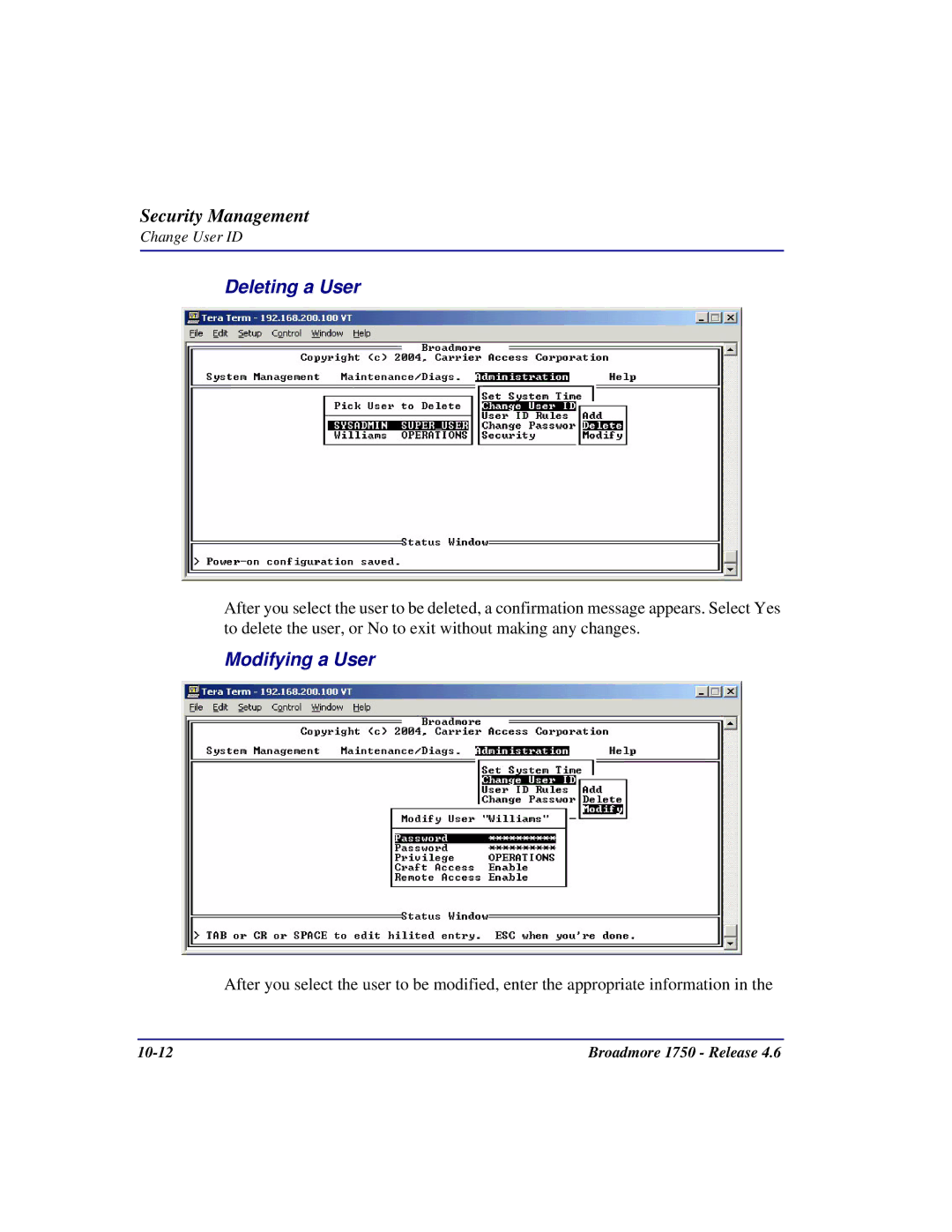 Carrier Access 1750 user manual Deleting a User, Modifying a User 