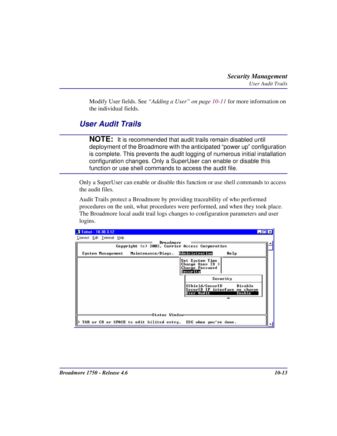 Carrier Access 1750 user manual User Audit Trails 