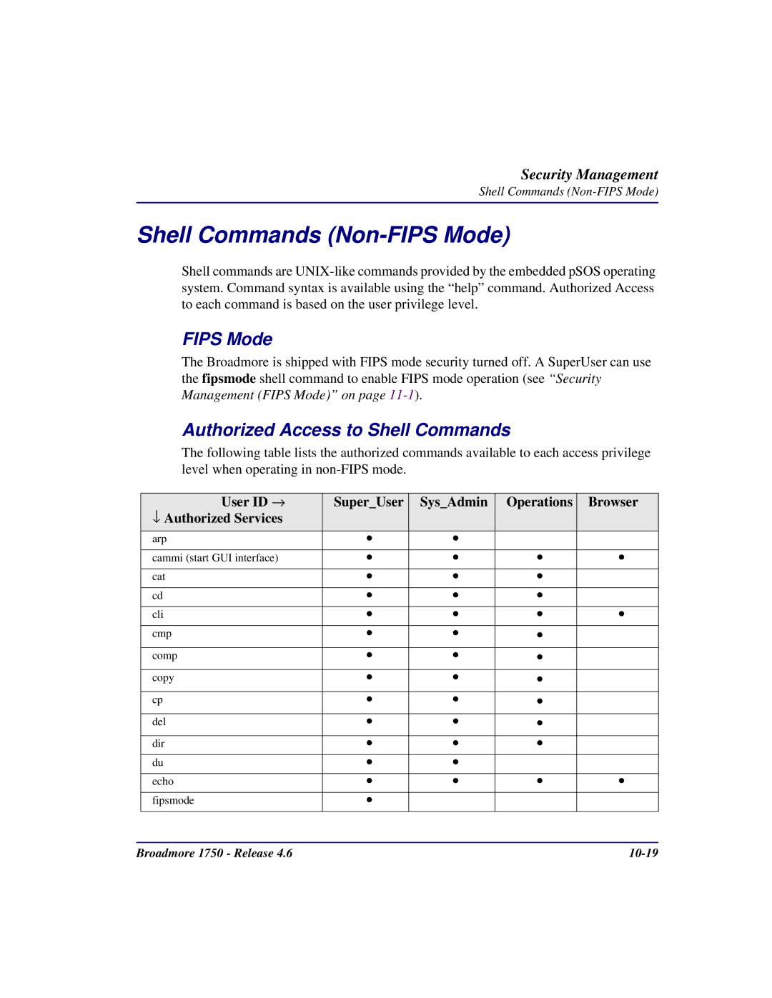 Carrier Access 1750 user manual Shell Commands Non-FIPS Mode, Fips Mode, Authorized Access to Shell Commands 