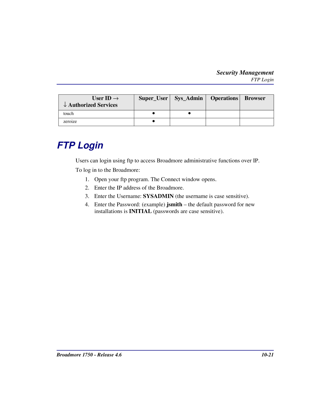 Carrier Access 1750 user manual FTP Login, Operations Browser ↓ Authorized Services 