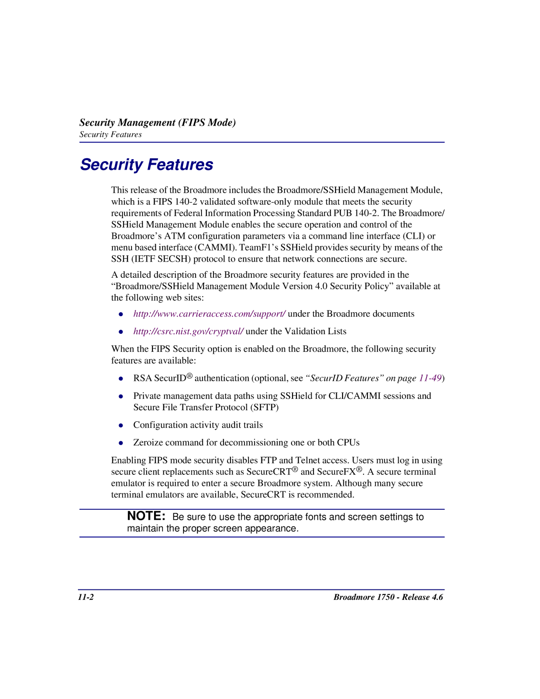 Carrier Access 1750 user manual Security Management Fips Mode 