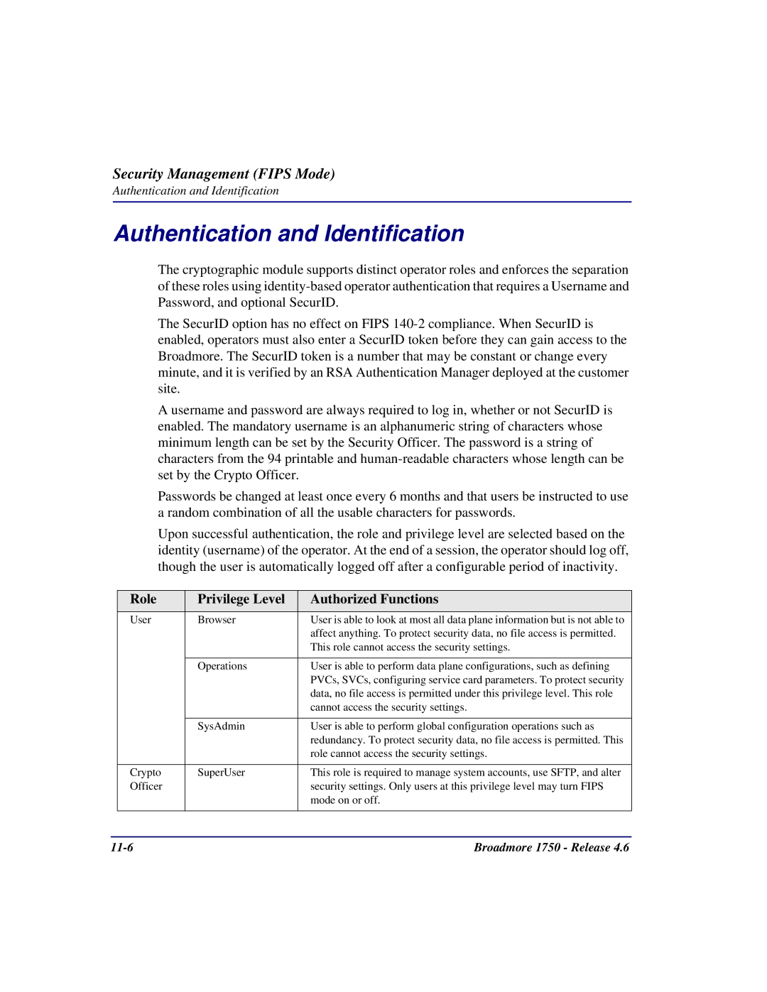 Carrier Access 1750 user manual Authentication and Identification, Role Privilege Level Authorized Functions 