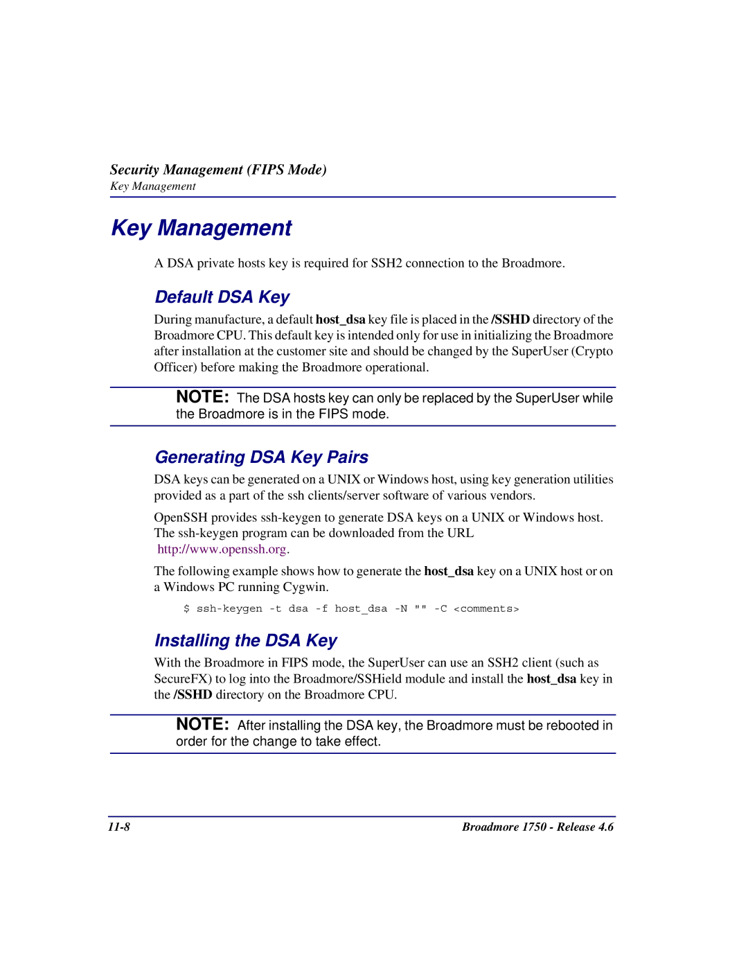 Carrier Access 1750 user manual Key Management, Default DSA Key, Generating DSA Key Pairs, Installing the DSA Key 