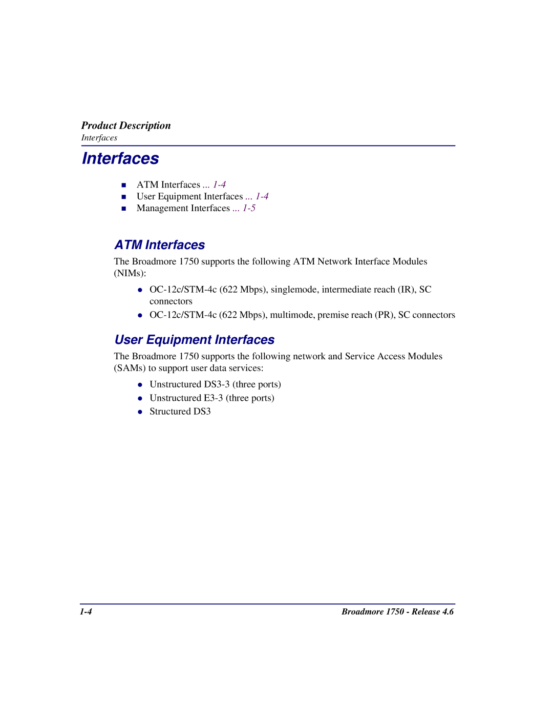 Carrier Access 1750 user manual ATM Interfaces, User Equipment Interfaces 