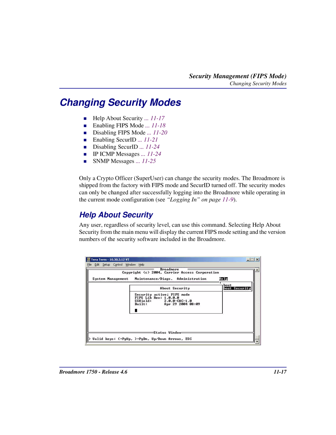 Carrier Access 1750 user manual Changing Security Modes, Help About Security 