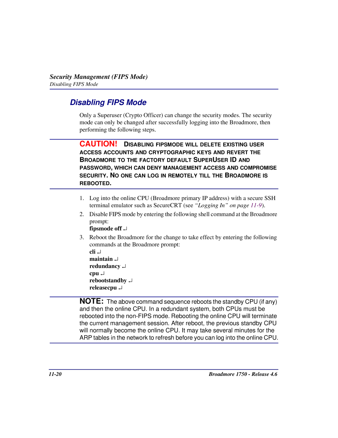 Carrier Access 1750 user manual Disabling Fips Mode, Fipsmode off 