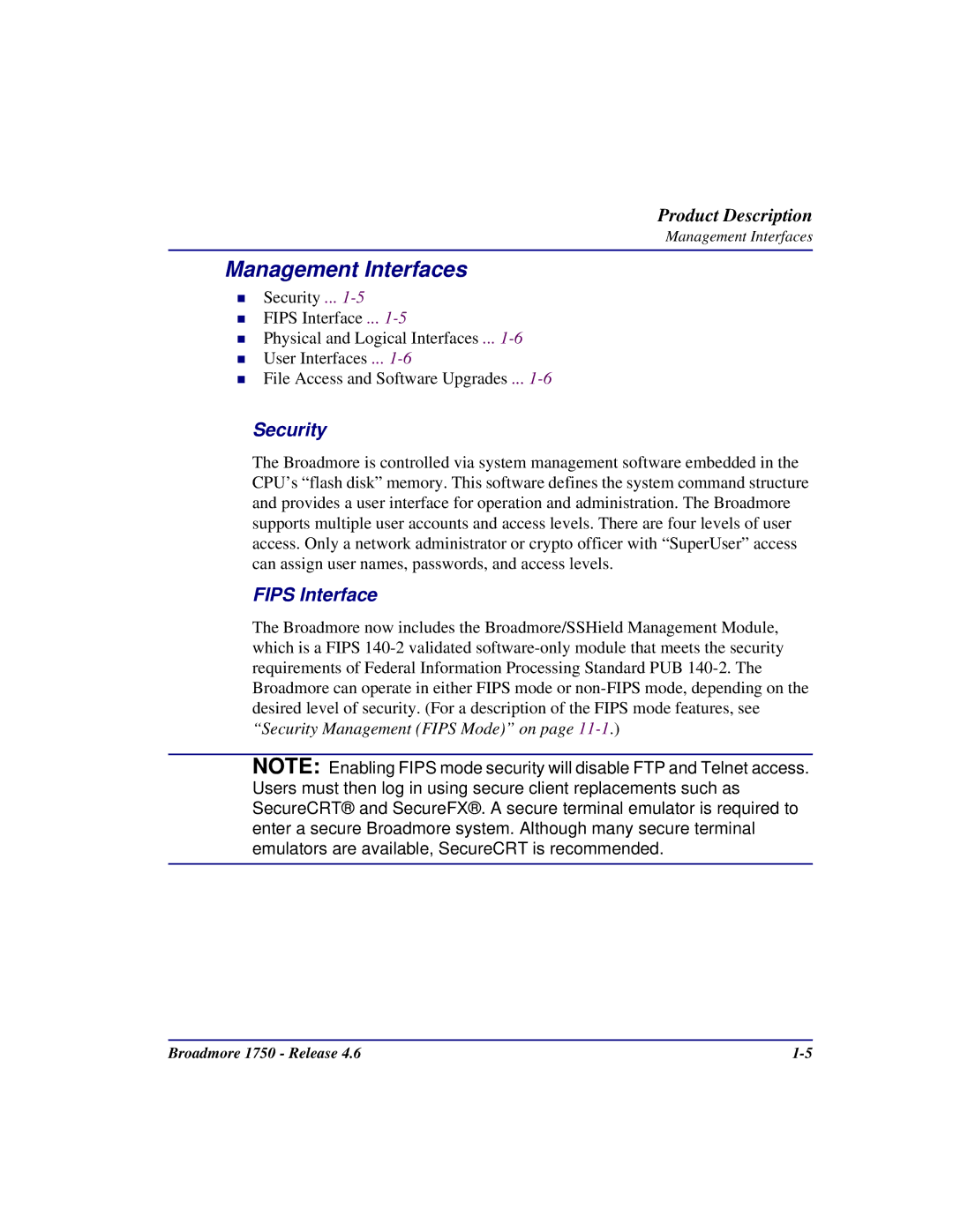 Carrier Access 1750 user manual Management Interfaces, Security, Fips Interface 