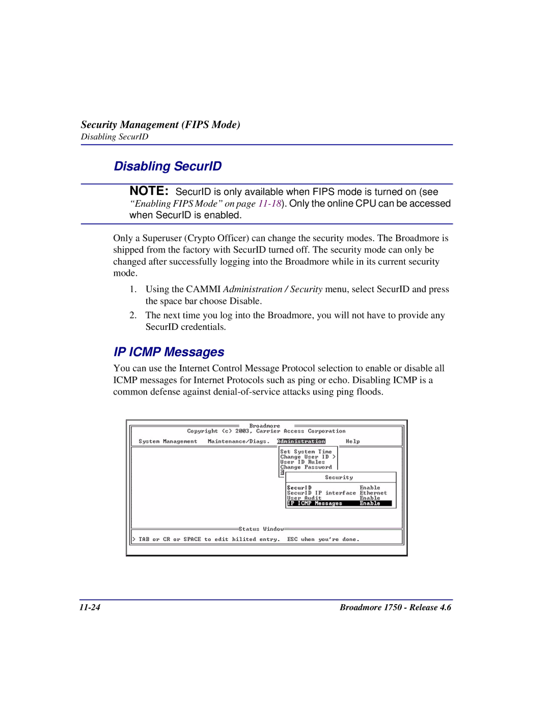 Carrier Access 1750 user manual Disabling SecurID, IP Icmp Messages 