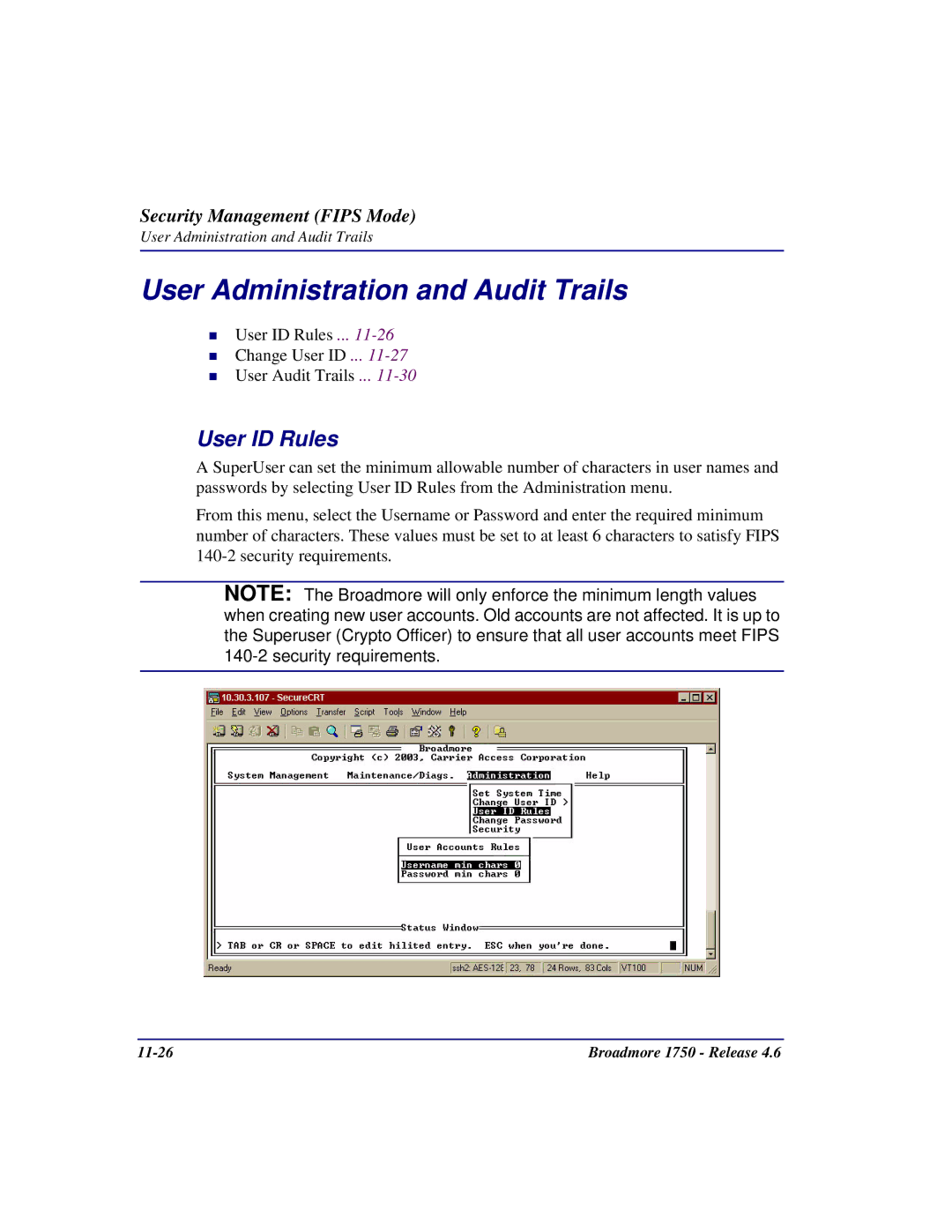 Carrier Access 1750 user manual User Administration and Audit Trails, User ID Rules 