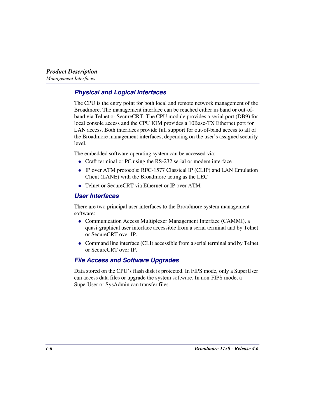 Carrier Access 1750 user manual Physical and Logical Interfaces, User Interfaces, File Access and Software Upgrades 