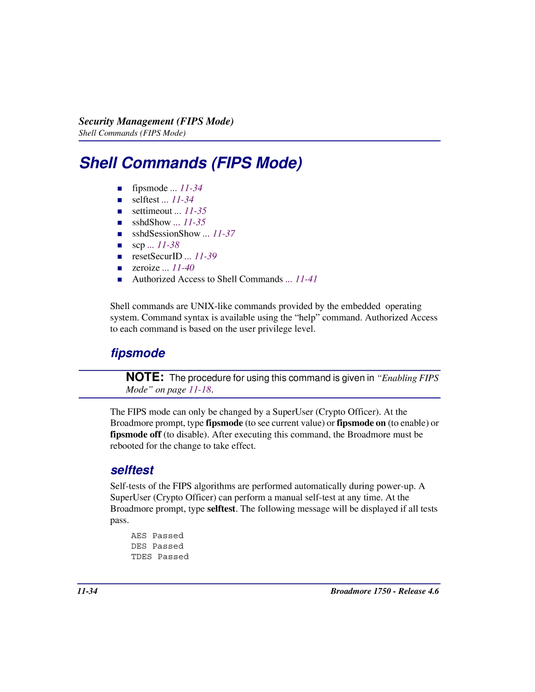 Carrier Access 1750 user manual Shell Commands Fips Mode, Fipsmode, Selftest 