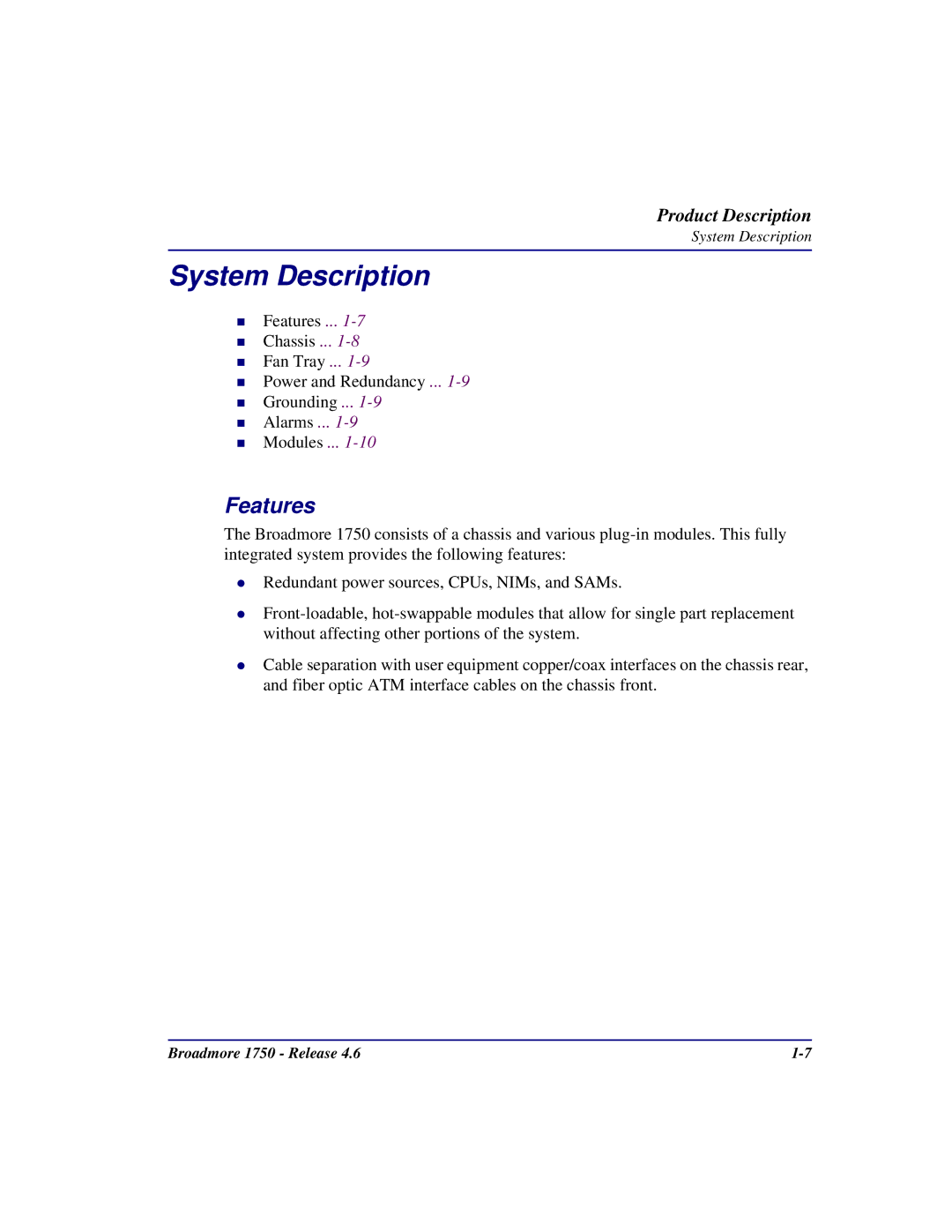 Carrier Access 1750 user manual System Description, Features 