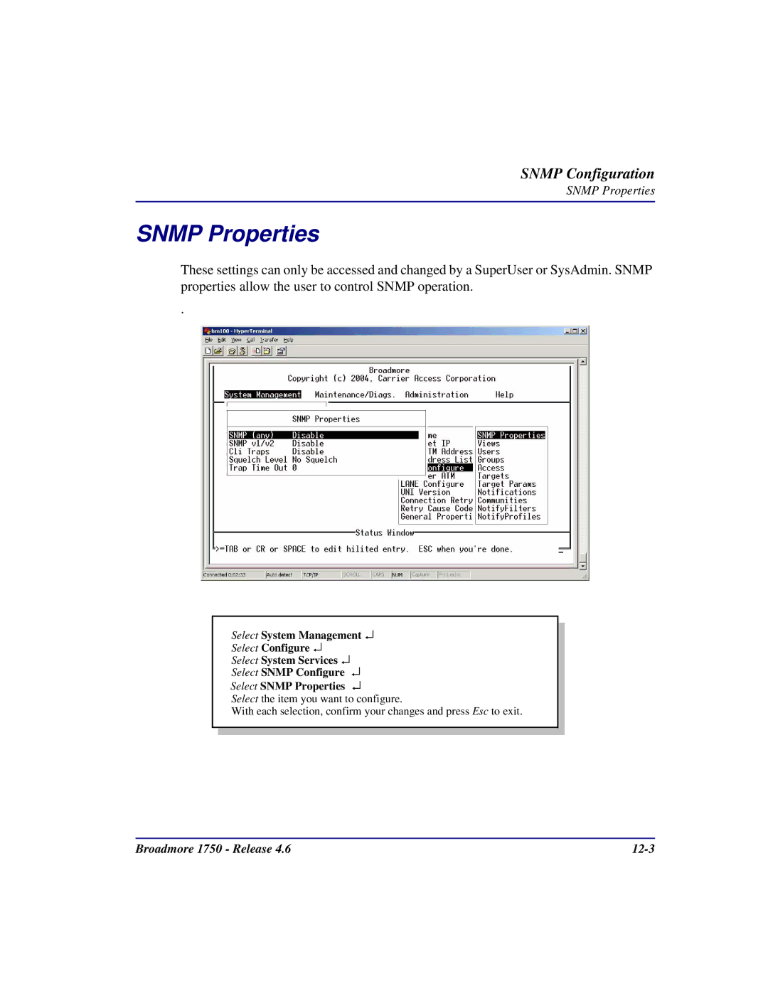 Carrier Access 1750 user manual Snmp Properties 