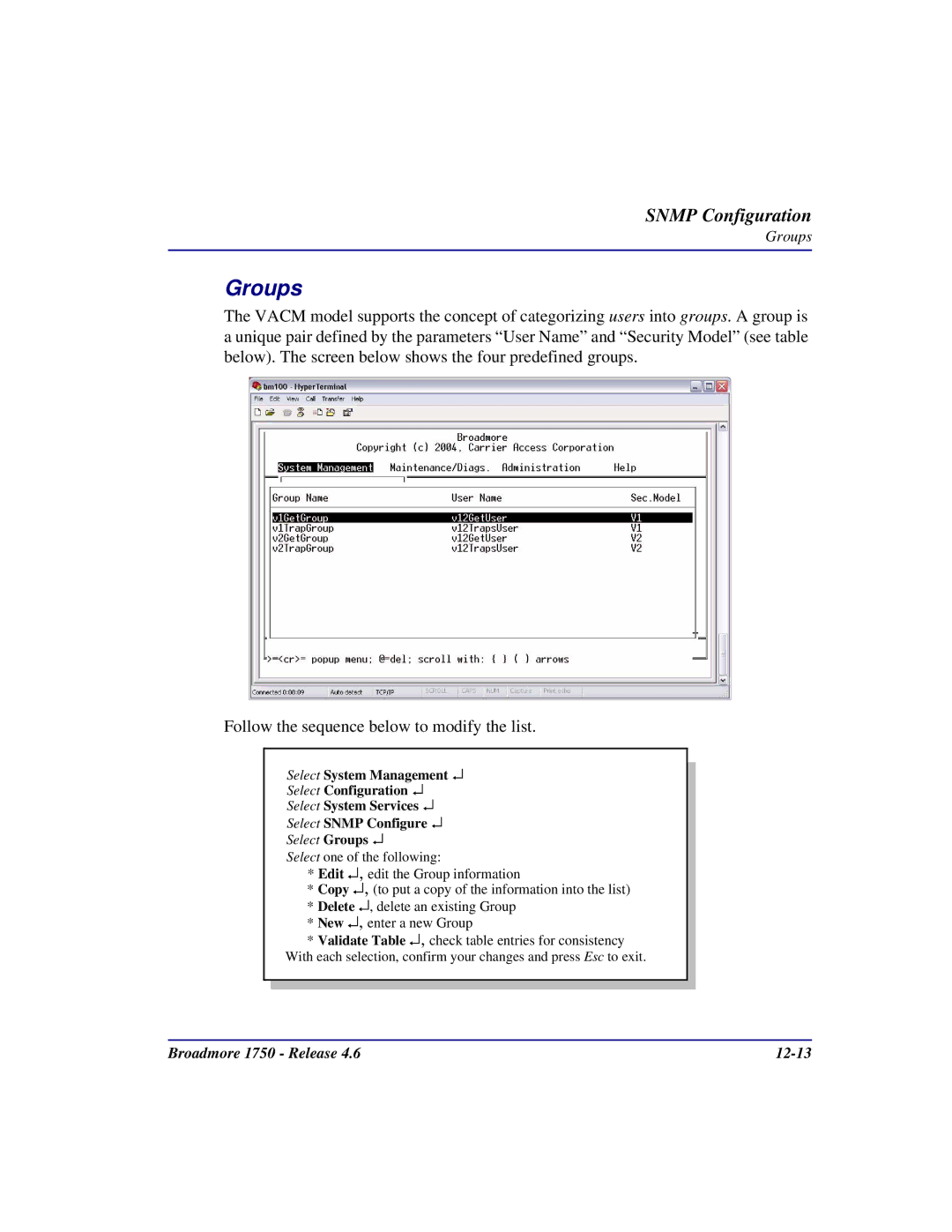 Carrier Access 1750 user manual Select Groups 