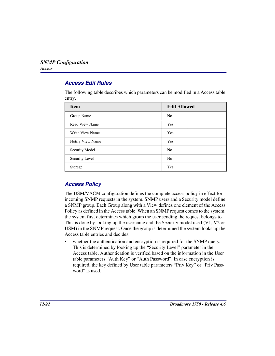 Carrier Access 1750 user manual Access Edit Rules, Access Policy 