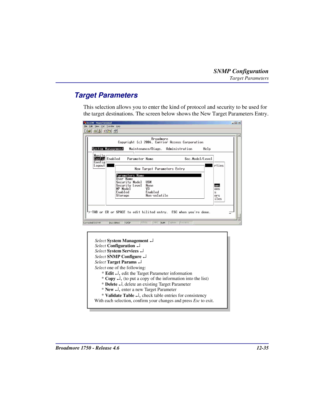 Carrier Access 1750 user manual Target Parameters 