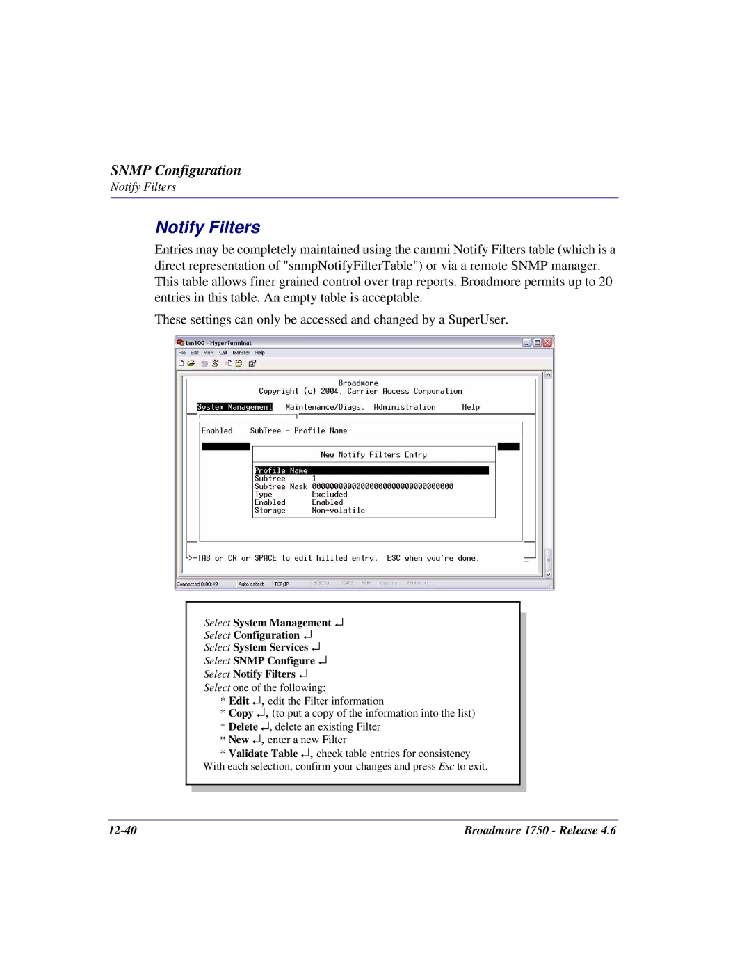 Carrier Access 1750 user manual Notify Filters 